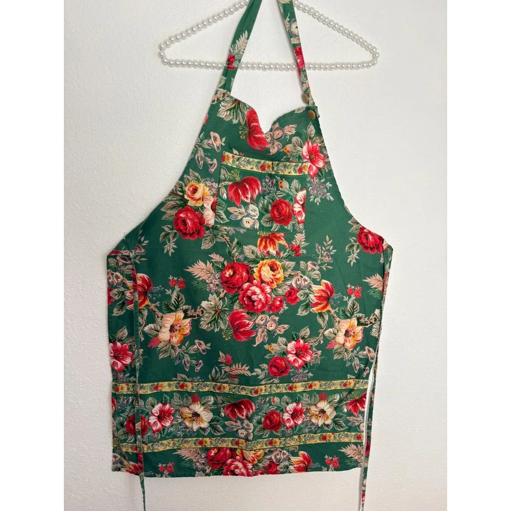 April Cornell Green Floral Cabbage Rose Bib Apron with Pocket Cottagecore